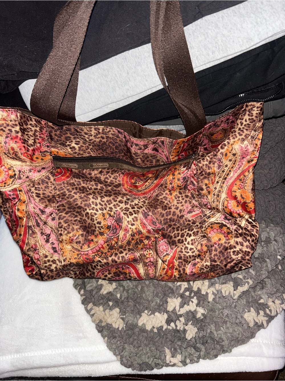 Lesportsac Brown Leopard Paisley Tote with Pink & Orange Accents